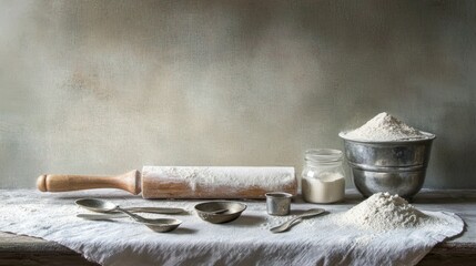 Rustic baking scene with flour, rolling pin, and measuring cups.