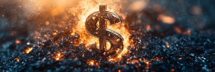 Glowing metallic dollar sign stands amidst burning embers and flames, representing financial crisis, market crash, and economic downturn