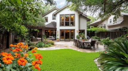 Cozy Cottage Nestled in a Lush Vibrant Garden with Flowering Plants and Wooden Patio Furniture