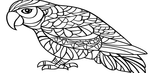 Fototapeta premium Two stylized macaw (ara) parrot illustrations in monochrome and colored versions, designed for a freehand sketch in an adult anti-stress coloring book, incorporating doodle and zentangle elements