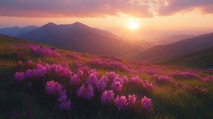 Mountain Sunrise with Wildflowers background
