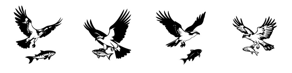 Obraz premium A hand-drawn modern eagle with a fish isolated on a white background. Black and white stock illustration suitable for heraldry, coloring books, and pages