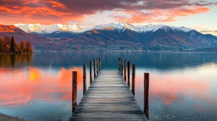 Fototapeta premium Serene sunrise over a lake with mountains and a wooden pier.