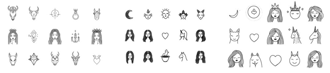 Modern illustrations featuring a set of esoteric and mystic linear symbols