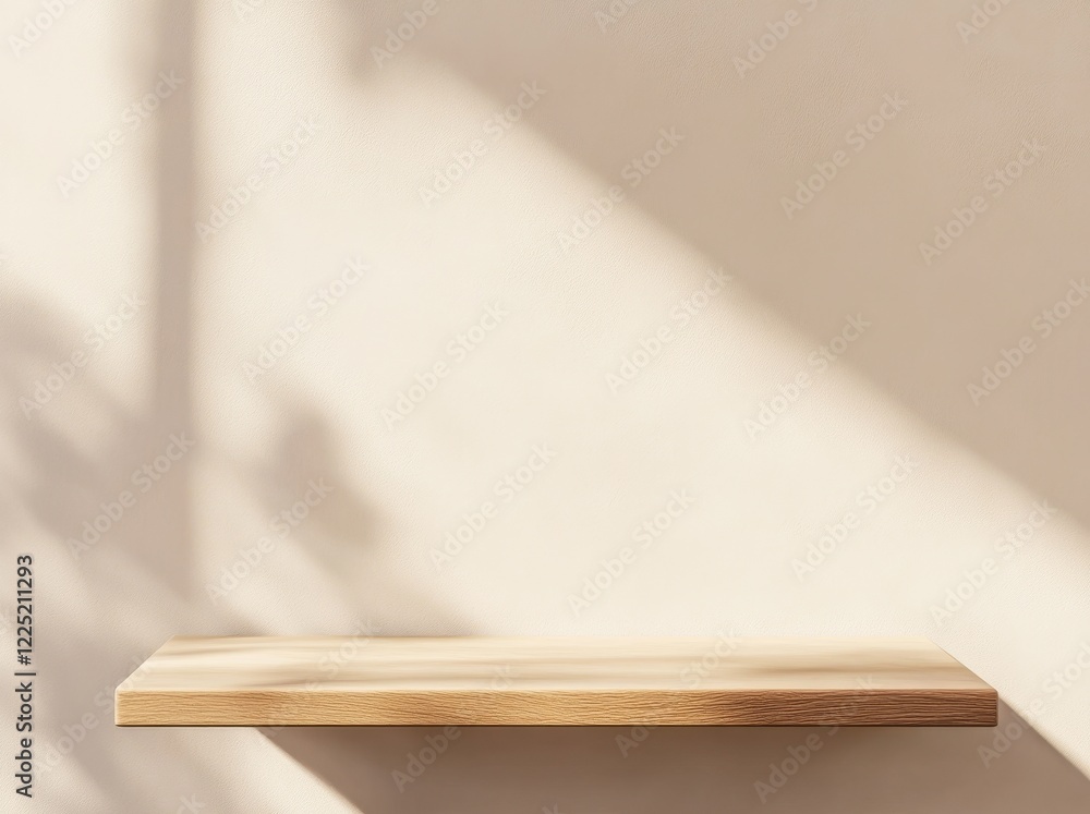 Poster a minimalistic wooden shelf against a light wall, illuminated by soft shadows, creating a serene and