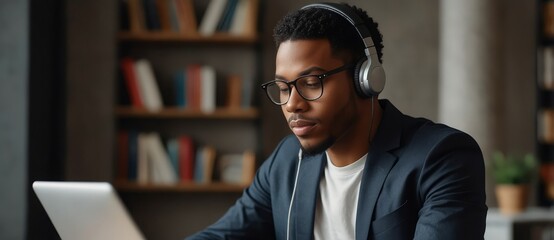 Obraz premium Young African American male professional with glasses and wireless headphones