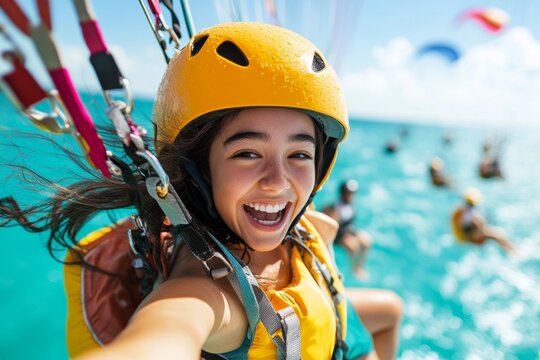 A person parasailing over the ocean, their feet dangling and their expression filled with awe and excitement as they soar through the air