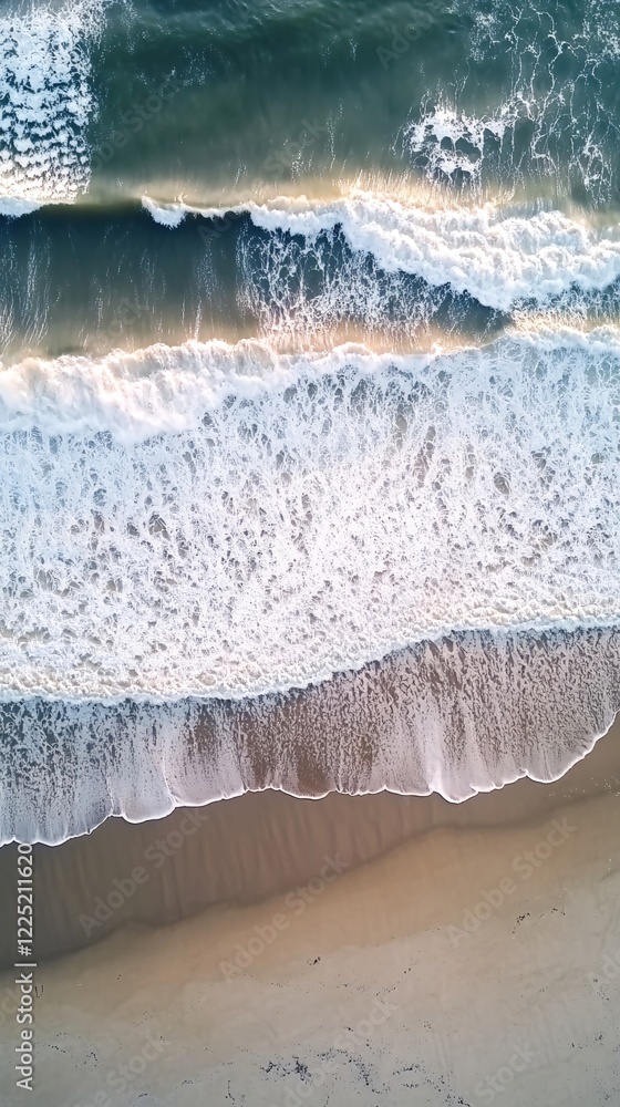 Poster aerial view of ocean waves crashing on sandy beach with sunlight creating a gradient effect
