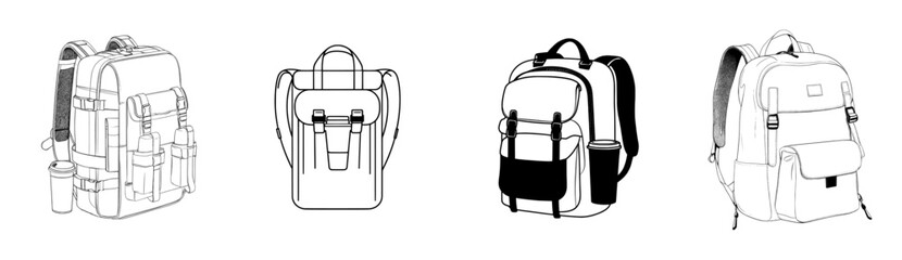 Mountain bag for traveling adventure trekking with a flat sketch modern illustration technical CAD drawing template