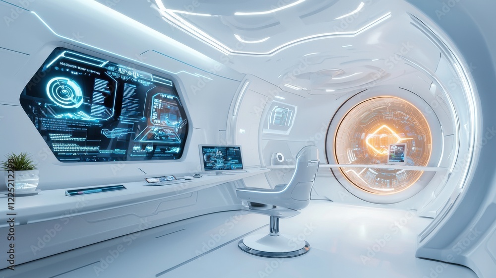 Aufkleber futuristic digital interface with holographic controls and displays in sci fi environment