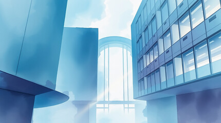 Obraz premium Architecture painted with watercolor in metamodernist style. Blue abstract painting of a business building