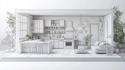 Modern Minimalist Kitchen Design with Open Floor Plan and Plants