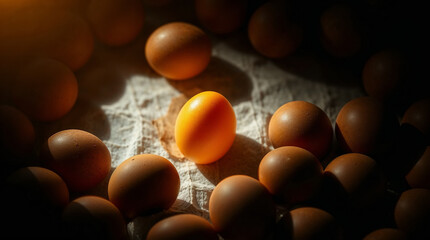Golden egg in batch of ordinary chicken eggs