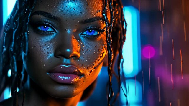 Young Black woman gazing intensely in neon-lit rain. Female face illuminated by vibrant city lights. Reflective droplets enhance atmospheric mood. Evening rainfall adds to urban ambiance. Scene