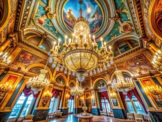 Fototapeta premium Grand interior design photography: a panoramic view of a lavish palace chandelier.