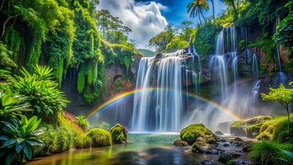 Obraz premium A cascading waterfall surrounded by lush green tropical plants, with a rainbow arcing in the mist