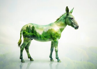 Obraz premium Green and gray plastic donkey, a double exposure dreamscape of toy animal whimsy.