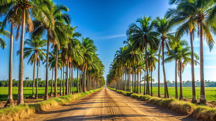 Obraz premium palm tree road, countryside palms, dirt road palms