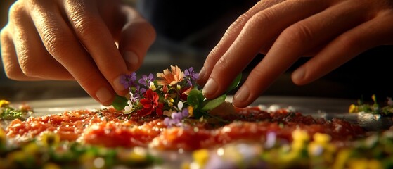 Cinematic Close up of Hands Delicately Arranging Floral Garnish on Plated Dish with Dramatic Lighting