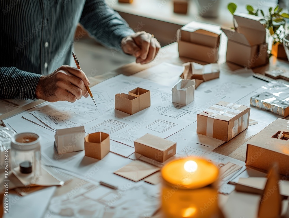 Aufkleber creative designer working on architectural models and blueprints at a bright workspace with warm can