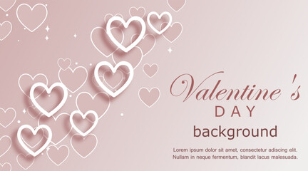 Valentine's Day background. horizontal vector illustration with hanging hearts on a pink gradient backdrop. elegant composition for card, greeting, invitation, banner with copy space