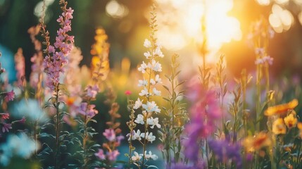 Obraz premium Vibrant Floral Field with Blooming Flowers under Warm Sunlight