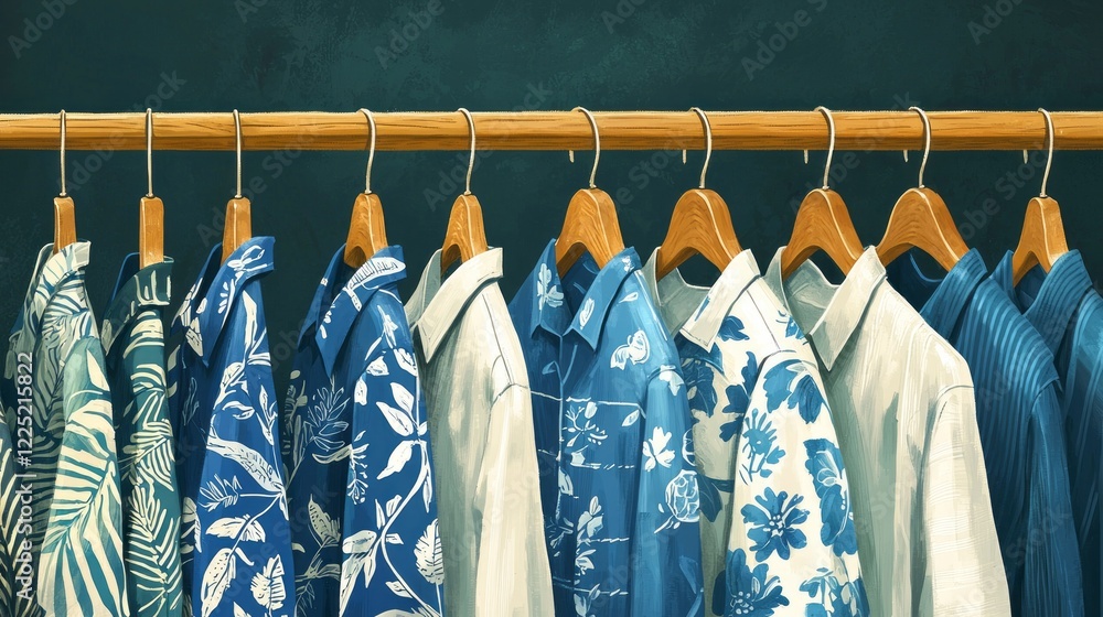 Poster a vibrant array of neatly ironed blue and white shirts dangles from polished wooden hangers, creatin