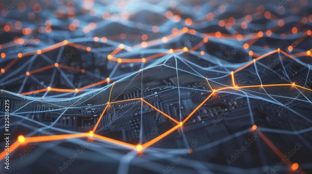 Poster digital landscape featuring interconnected lines and nodes, representing technology and data network