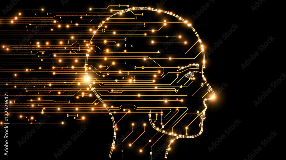 Poster digital representation of human head with glowing circuit patterns, symbolizing artificial intellige