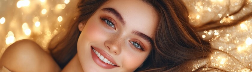 Fototapeta premium Capture the essence of joy with a beautiful woman's portrait, showcasing a cheerful face with a radiant smile, glowing with positivity and heartfelt celebration, surrounded by golden sparkles Perfect