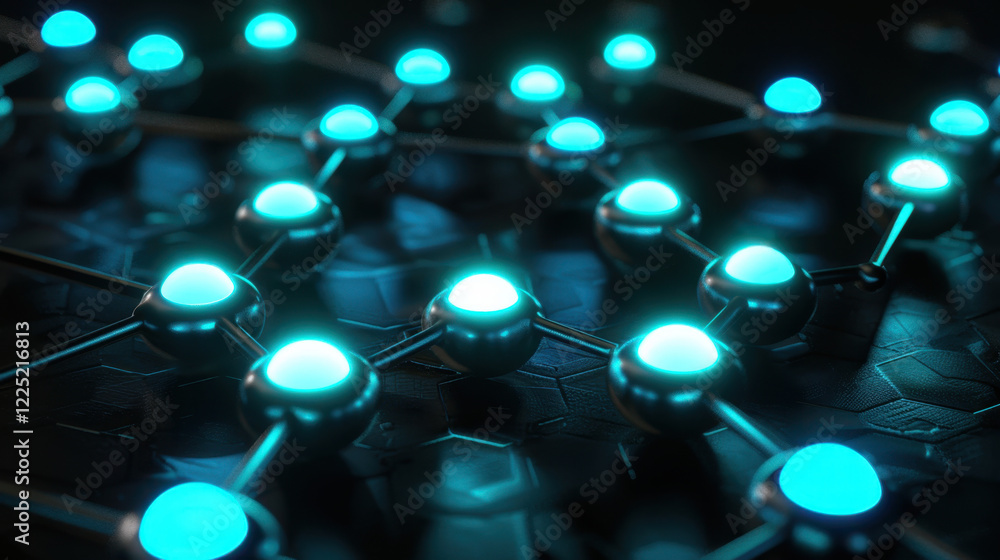 Poster close up view of glowing blue nodes connected by metallic structures, representing network or techno
