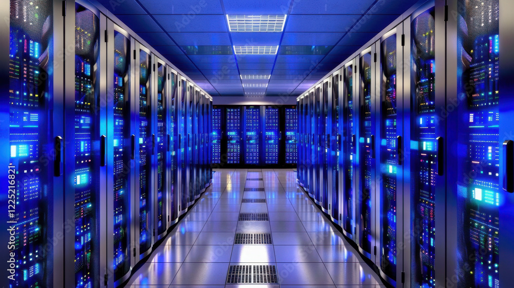 Poster modern data center with rows of servers illuminated by blue lights, showcasing advanced technology a