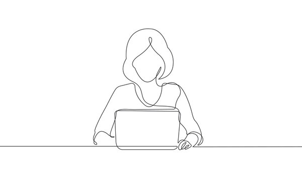 recommend clip art: Continuous Line Drawing of Woman with Laptop in Sitting Pose. One Line Drawing of Woman Working. Business or Education Concept Single Line Vector Illustration.