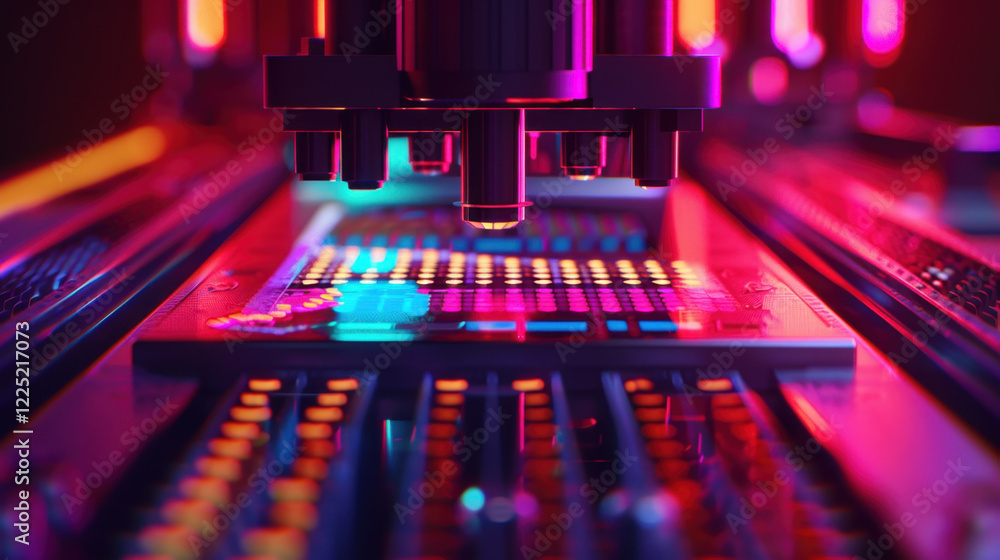 Poster high tech microscope analyzing microchip with vibrant lighting. intricate details of chip are illumi