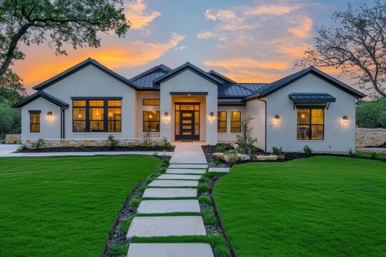 Modern farmhouse at sunset, stone path leads to the entrance. Showcase luxurious home design, ideal for real estate or architecture.