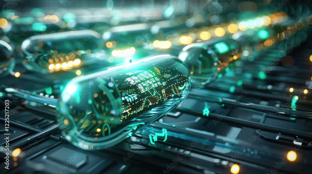 Poster futuristic technology with glowing capsules and circuit patterns, showcasing advanced digital design