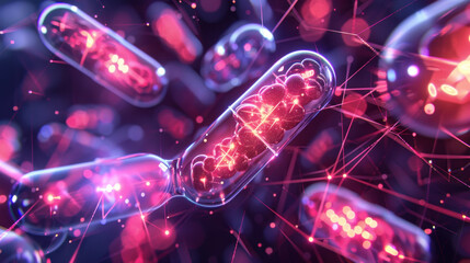 vibrant digital illustration of capsules containing glowing particles, representing advanced technology and science. background features abstract connections and energy patterns