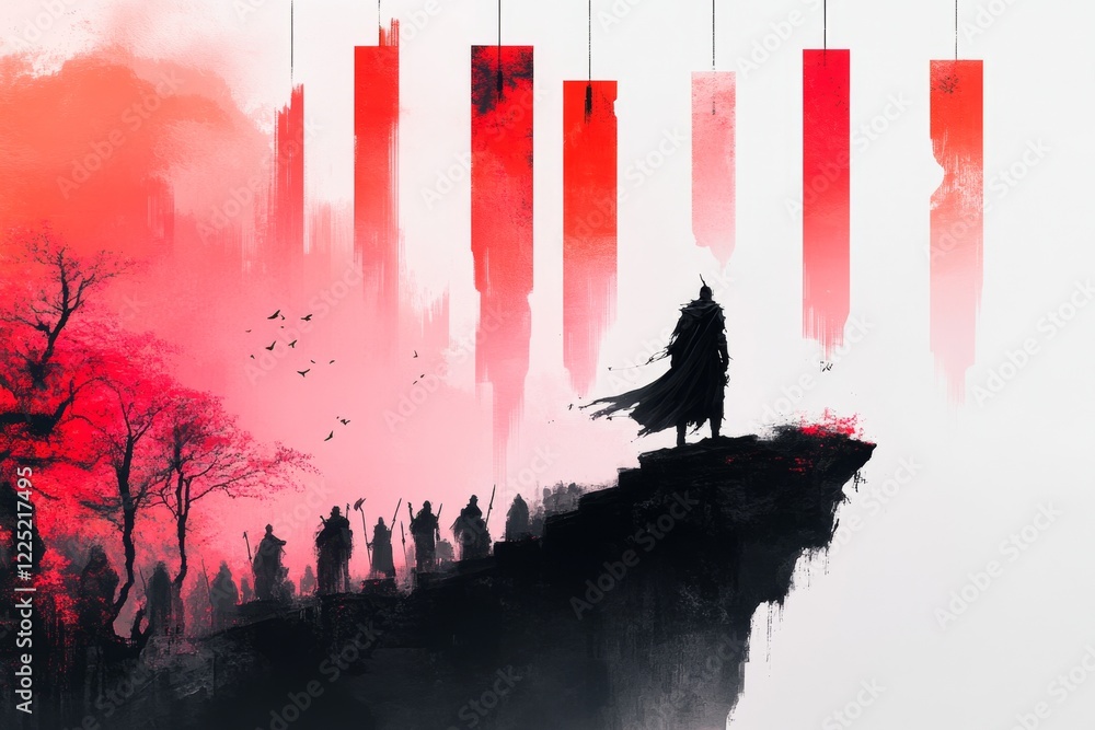 Poster a pixel art depiction of a hero standing on a cliff edge, their cape flowing in the wind as a crowd 