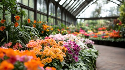 Colorful Tropical Greenhouse with Vibrant Floral Arrangement and Lush Foliage