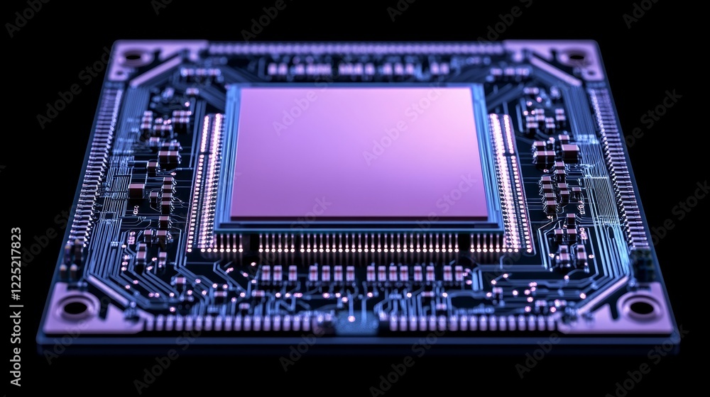 Poster advanced microchip technology computer chip close-up with circuitry detail on black background.