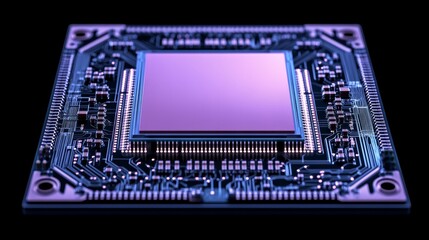 Advanced Microchip Technology Computer Chip Close-Up with Circuitry Detail on Black Background.