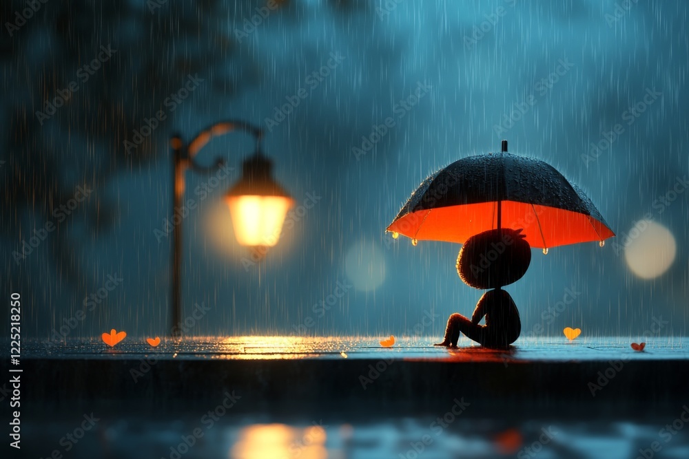 Poster A pixel art scene of a small, lone character sitting under a streetlamp in the rain, their tiny figure emphasizing solitude as animated raindrops fall around them