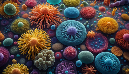 Microscopic View of Colorful Viruses and Bacteria – 3D Illustration 