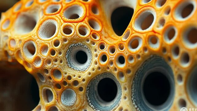 Seashell Macro: A mesmerizing close-up of a seashell's intricate surface, revealing a captivating pattern of swirling orange and grey hues, punctuated by an array of perfectly formed holes.