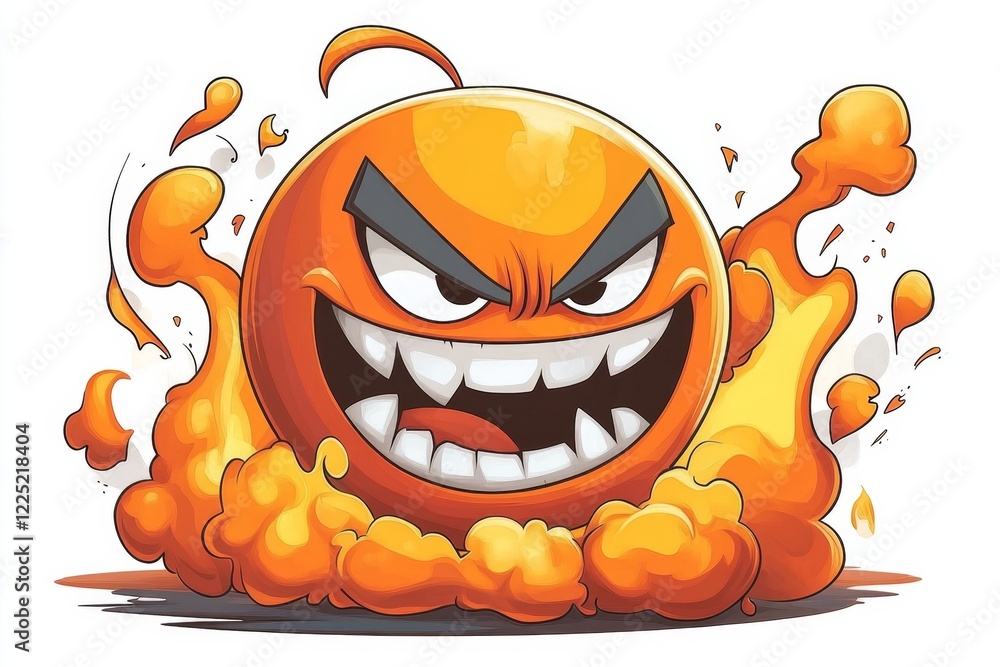 Poster a playful 2d depiction of a cartoonish fireball character with an angry face, surrounded by smoke an