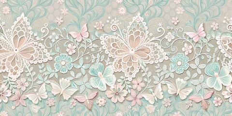 Delicate abstract seamless lace pattern with intricate floral motifs and fluttering butterflies in soft pastel hues , seamless, patterns