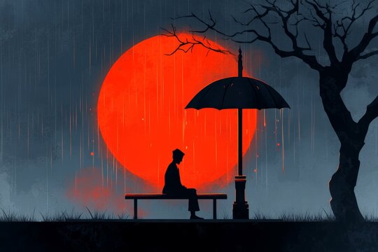 A pixel art scene of a small, lone character sitting under a streetlamp in the rain, their tiny figure emphasizing solitude as animated raindrops fall around them