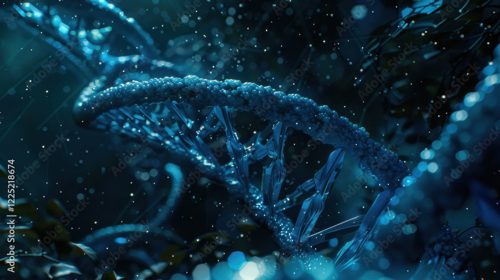 Poster close up view of dna double helix structure illuminated in blue, surrounded by misty atmosphere, con