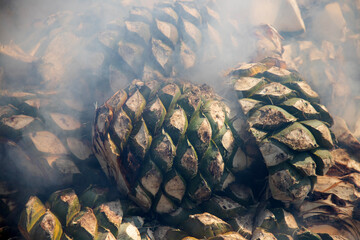 Traditional form of cooking maguey agave for the production of mezcal in the central valley of...