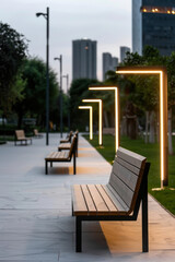 Modern urban park scene with illuminated benches and a serene atmosphere, featuring sleek lighting against a backdrop of city buildings during twilight